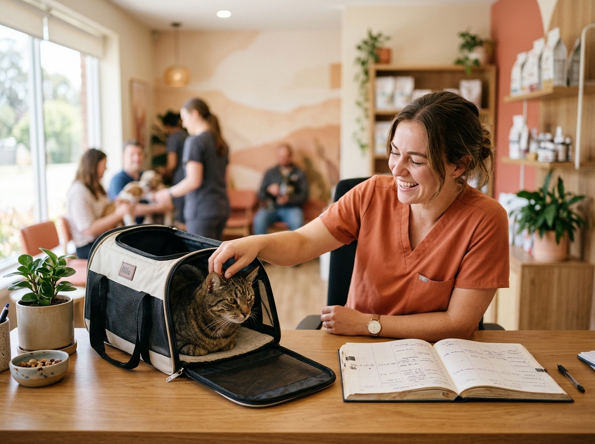 A relaxed front desk team member gently petting a cat at a clinic reception counter