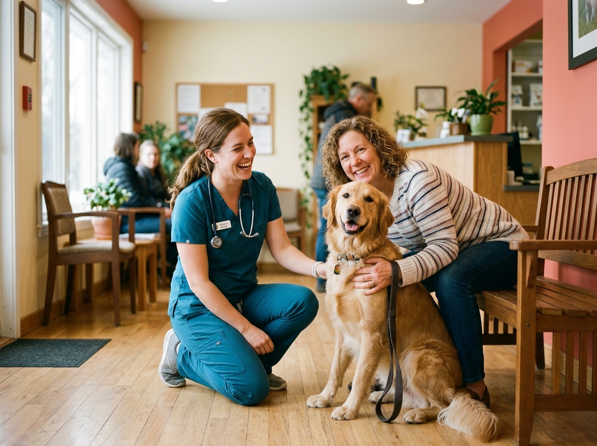 A vet team member kneeling beside a pet owner and their golden retriever at a clinic reception